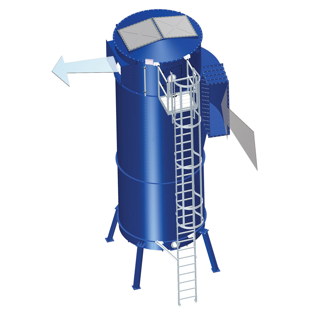 BF-filter with scraper bottom and tangential inlet. Shown with VFV® explosion relief venting in the filter top. Fitted with ladder and platform.