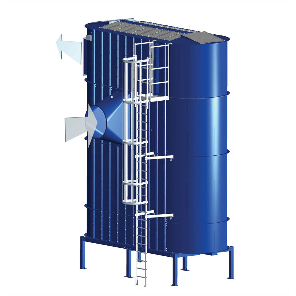 SBF filter with scraper bottom and side inlet. Shown here with VFV® explosion relief venting in filter top. With ladder and platform mounted.